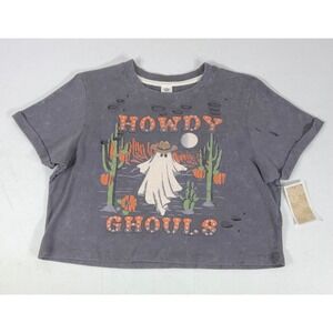 La Luna T-shirt XS Gray Howdy Ghouls Ghost Cowboy Halloween Cropped Distressed